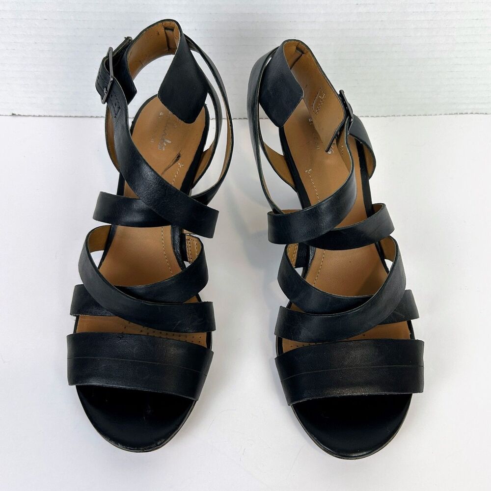 Clarks Ranae Strappy Sandals Peep Toe Short Heels Padded Comfort Shoes Black 8 - Picture 4 of 12